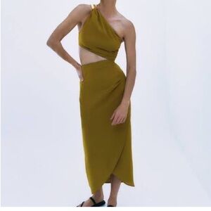 Zara Olive Green One-Shoulder Dress Large